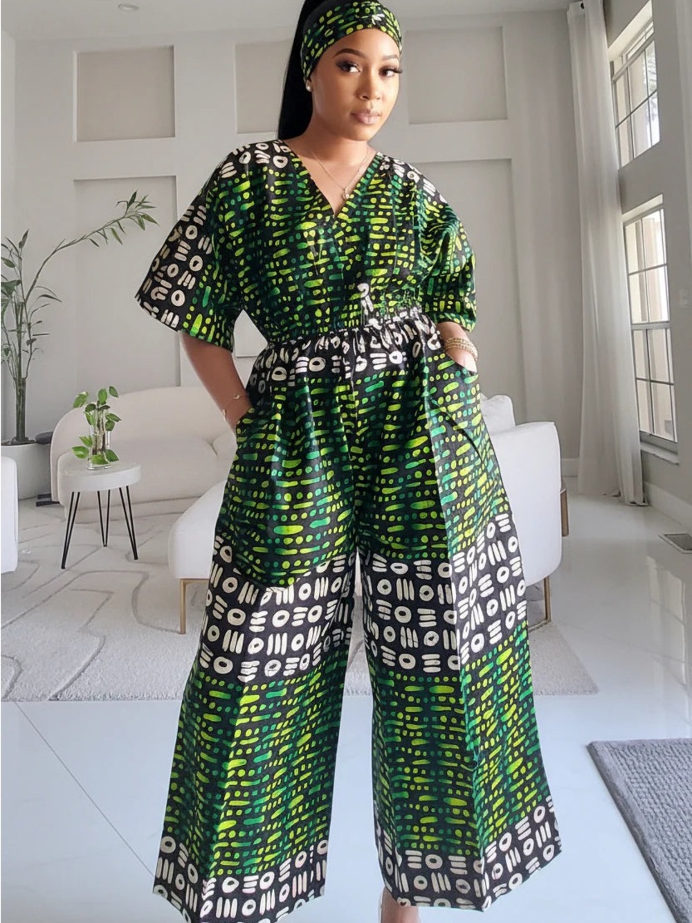 Women's Green Patterned Wide-Leg Jumpsuit - Ankara Wide-Leg Jumpsuit KVZ40 A